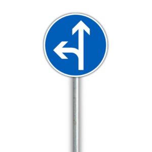D1.7 Pakollinen ajosuunta suoraan tai vasemmalle liikennemerkki