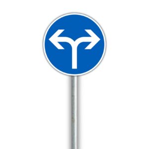 D1.8 Pakollinen ajosuunta vasemmalle tai oikealle liikennemerkki