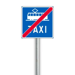 E12.2 Raitiovaunukaista päättyy TAXI liikennemerkki